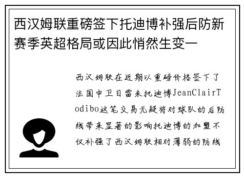 西汉姆联重磅签下托迪博补强后防新赛季英超格局或因此悄然生变一